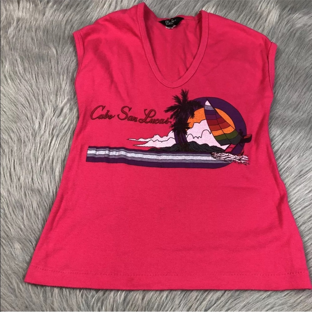 Vintage 80s Pink Cabo V Neck Novelty Single Stitch Shirt